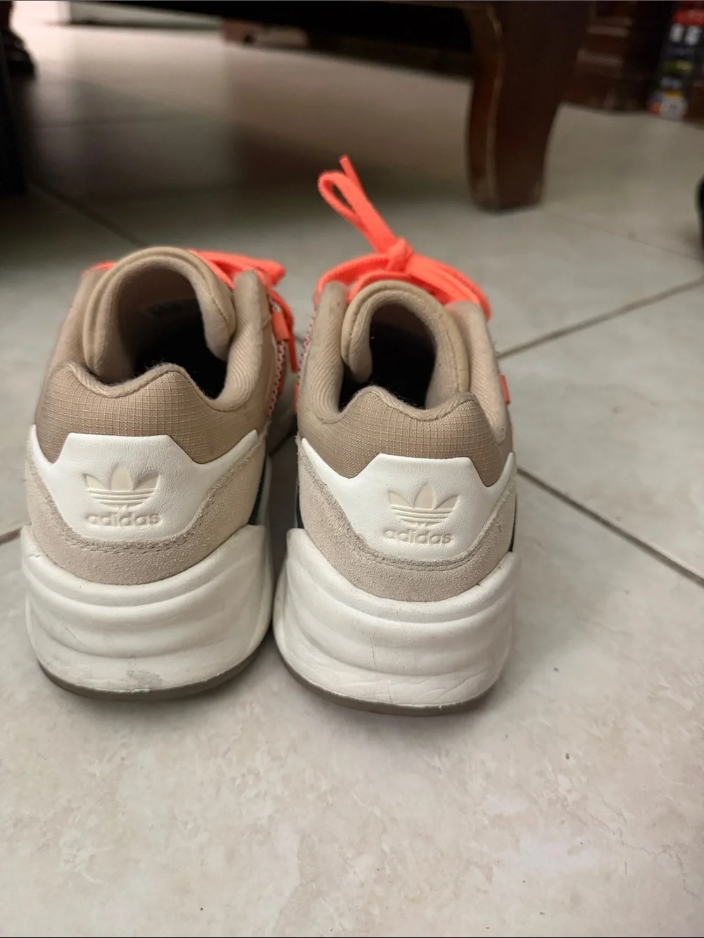 adidas womens Tan Suede Sneakers with Bright Orange Laces